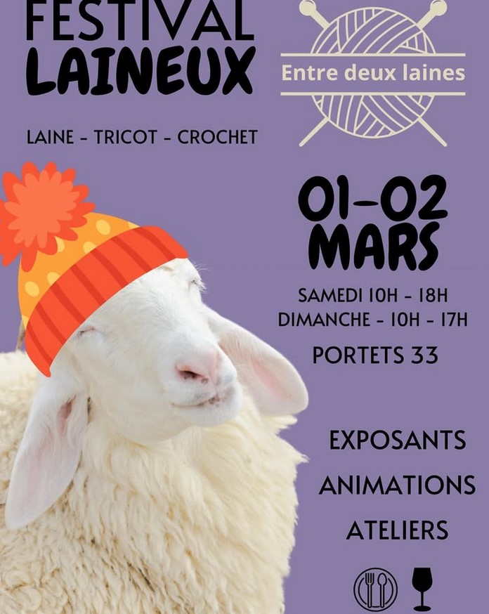 Affiche du 1er Festival Laineux à Portets, montrant un mouton heureux fermant les yeux avec un bonnet orange