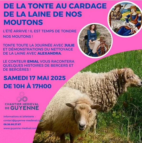 Affiche de l’animation du 17 mai 2025 au chantier médiéval de Guyenne, montrant deux moutons et Alexandra filant au rouet
