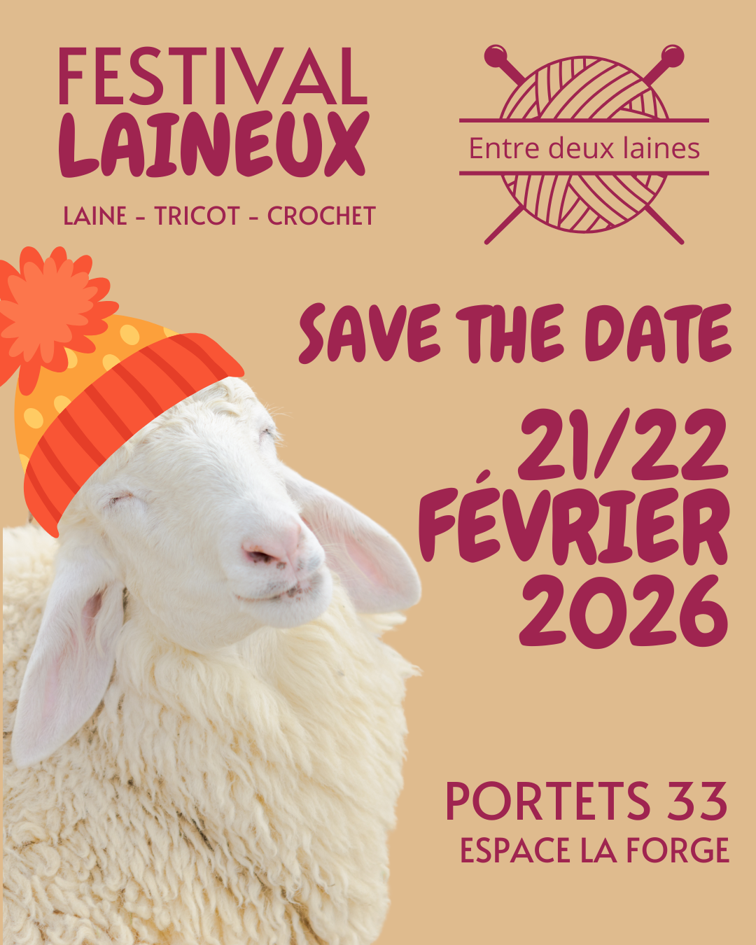 Affiche du festival Laineux montrant un mouton avec un bonnet