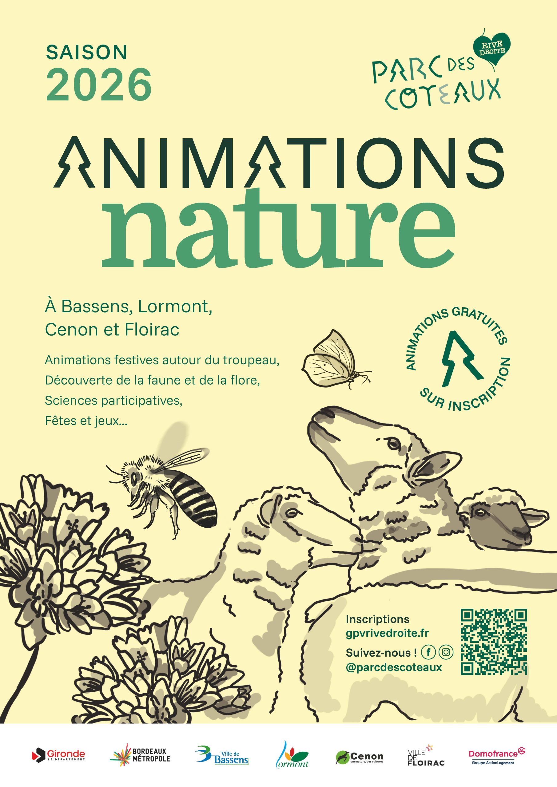 Affiche animations 2026nature du Parc des Coteaux, avec un fond jaune clair où des brebis dans les prés sont dessinées, avec des papillons et des abeilles