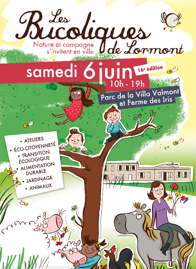 image d'un arbre avec des enfants qui jouent dans les branches. A la base de l'arbre il y a des animaux dont un mouton et un cheval